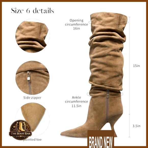 Knee High Boots Wide Calf Slouchy Tall Kitten Heel Pointed Toe Side Zipper - Picture 6 of 7